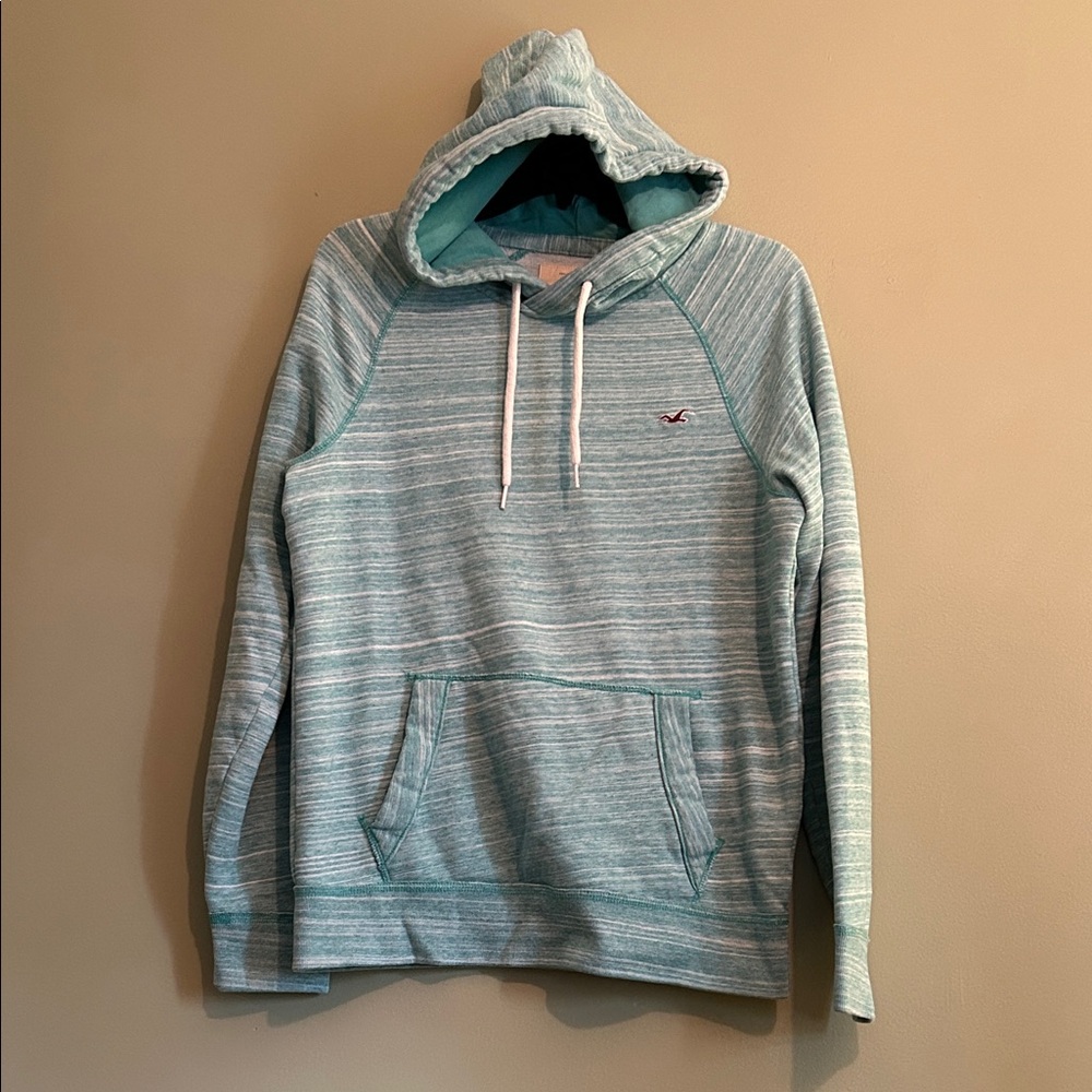 Hollister Men's Aqua Striped Hoodie Size S